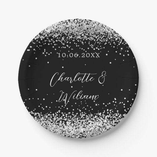 Zwarte zilveren confetti script bruiloft papieren bordje (Voorkant)