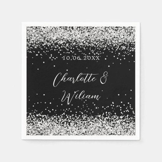 Zwarte zilveren confetti script bruiloft servet (Voorkant)