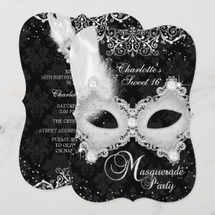Zwarte Zilveren Damast Masker Masquerade Sweet 16 Kaart