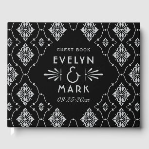 Zwarte Zilveren Damast Trouw Monogram Gastenboek