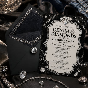 Zwarte Zilveren Denim & Diamanten Glam Verjaardags Kaart