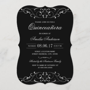 Zwarte Zilveren Elegante Quinceanera Uitnodiging