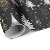 Zwarte, zilveren en gouden kerstbomen cadeaupapier (Rol Hoek)