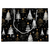 Zwarte, zilveren en gouden kerstbomen groot cadeauzakje (Voorkant)