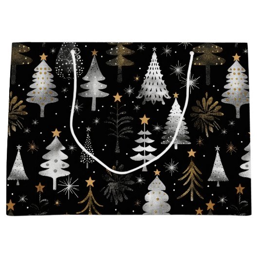 Zwarte, zilveren en gouden kerstbomen groot cadeauzakje (Voorkant)