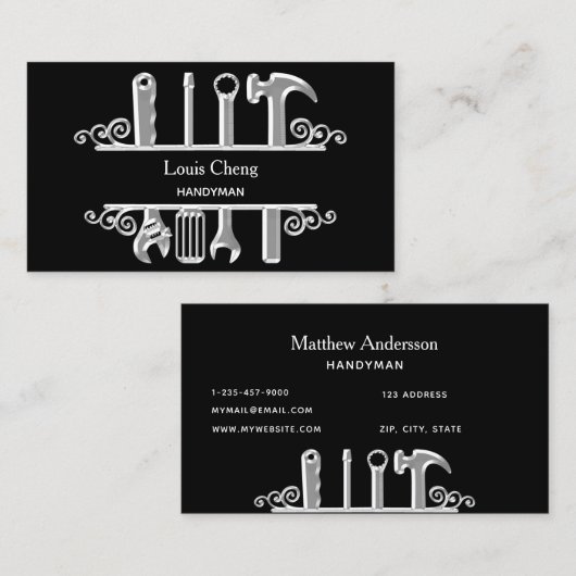 Zwarte zilveren gereedschappen, thuisreparateurs visitekaartje (Voorkant / Achterkant)