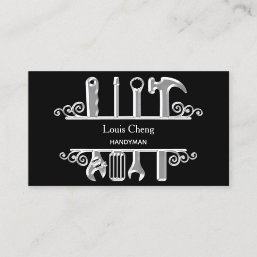 Zwarte zilveren gereedschappen, thuisreparateurs visitekaartje (Voorkant)