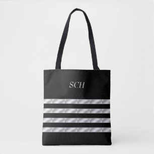 Zwarte, Zilveren, Gestreepte Schoudertas Tote Bag