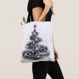 Zwarte Zilveren Glanzende Kerstboom Tote Bag
