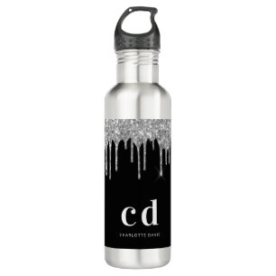 Zwarte zilveren glinsterende druppels monogram gla waterfles 