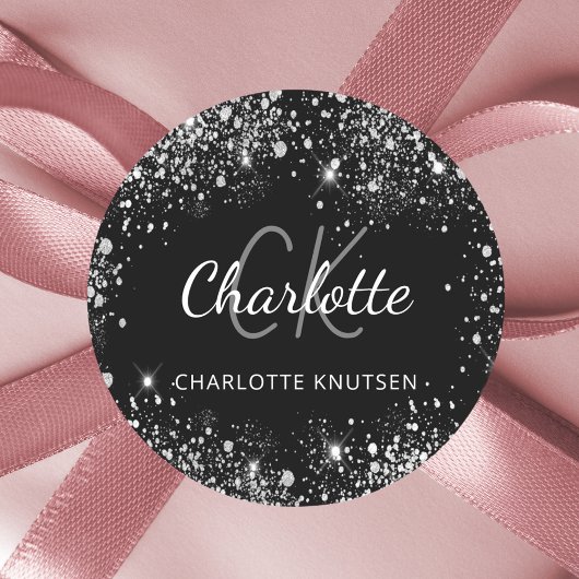 Zwarte zilveren glinsterende monogram initiaal naa ronde sticker