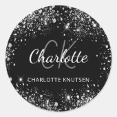 Zwarte zilveren glinsterende monogram initiaal naa ronde sticker (Voorkant)