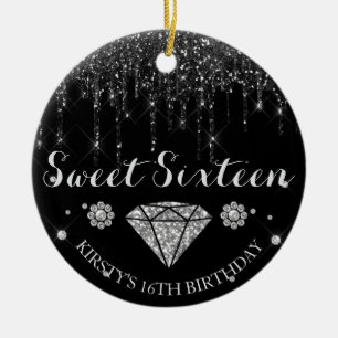 Zwarte Zilveren Glitter Drip Diamant Sweet Sixteen Keramisch Ornament