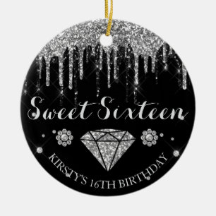 Zwarte Zilveren Glitter Drip Diamant Sweet Sixteen Keramisch Ornament