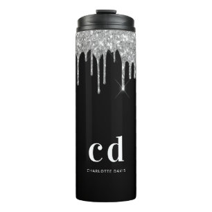 Zwarte zilveren glitter druppelt monogram sparkle thermosbeker