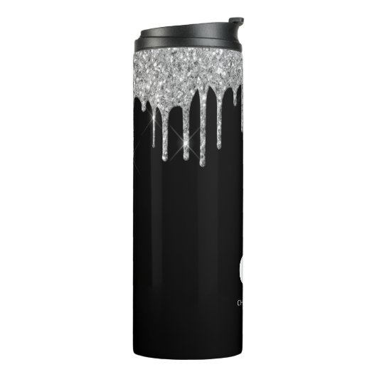 Zwarte zilveren glitter druppelt monogram sparkle thermosbeker (Gedraaid links)