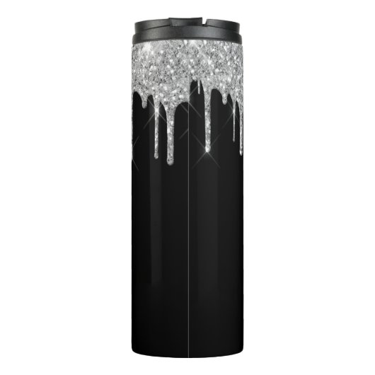 Zwarte zilveren glitter druppelt monogram sparkle thermosbeker (Achterkant)