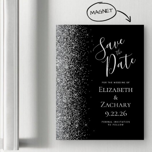 Zwarte Zilveren Glitter Magnetische Save the Date
