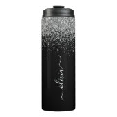 Zwarte Zilveren Glitter Meisjesnaam met Monogram Thermosbeker (Voorkant)