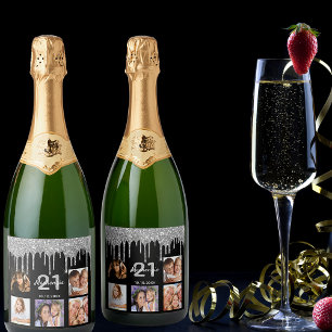 Zwarte zilveren glitter op feestdag druppelt foto sparkling wijnetiket