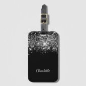 Zwarte zilveren glitters stof monogram naam script bagagelabel (Voorkant (verticaal))