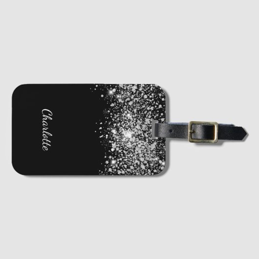 Zwarte zilveren glitters stof monogram naam script bagagelabel (Voorkant (horizontaal))