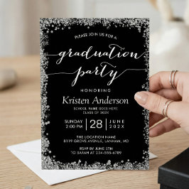 Zwarte Zilveren Glitters Typografie Afstudeerfeest Kaart