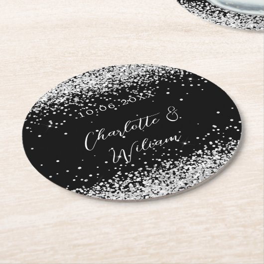 Zwarte zilveren glitterscript bruiloft ronde kartonnen onderzetter (Gebogen)