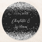 Zwarte zilveren glitterscript bruiloft ronde kartonnen onderzetter (Voorkant)