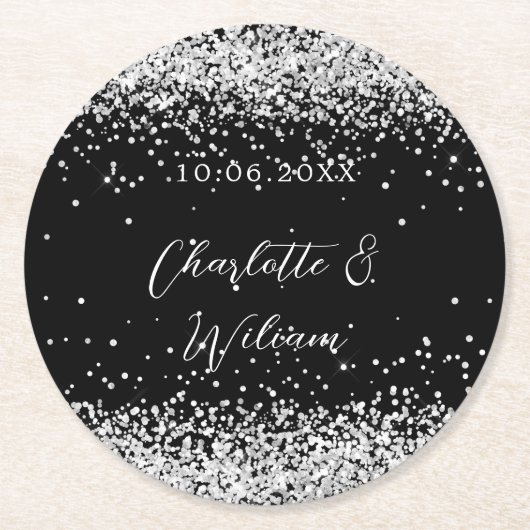 Zwarte zilveren glitterscript bruiloft ronde kartonnen onderzetter (Voorkant)