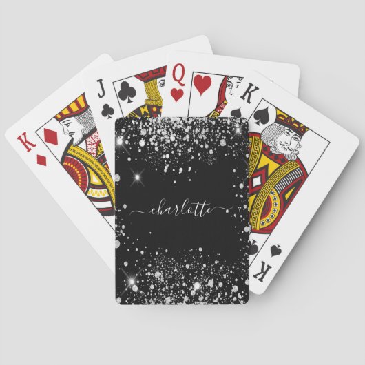 Zwarte zilveren glitterscript naam pokerkaarten (Achterkant)