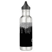 Zwarte zilveren glittersparels monogram glans waterfles  (Links)
