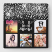 Zwarte zilveren glitterstof, aangepaste fotocollag vierkante klok (Voorkant)