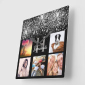 Zwarte zilveren glitterstof, aangepaste fotocollag vierkante klok (Hoek)
