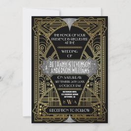 zwarte zilveren kunst Deco Wedding Invitations Kaart