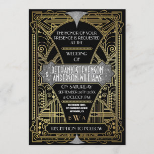  zwarte zilveren kunst Deco Wedding Invitations Kaart