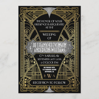 zwarte zilveren kunst Deco Wedding Invitations Kaart