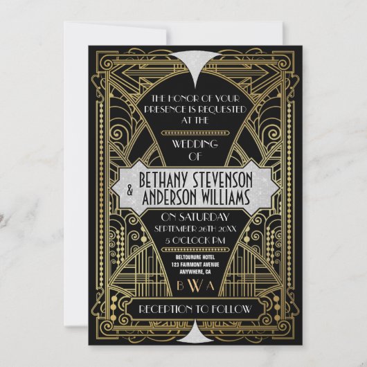 zwarte zilveren kunst Deco Wedding Invitations Kaart (Voorkant)