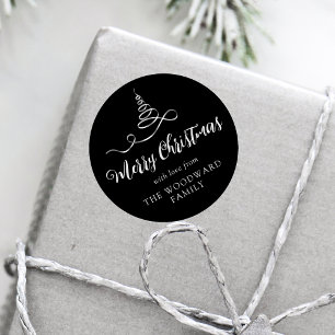 Zwarte Zilveren Lint Boom Kerstmis Script Ronde Sticker