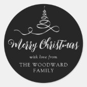 Zwarte Zilveren Lint Boom Kerstmis Script Ronde Sticker (Voorkant)