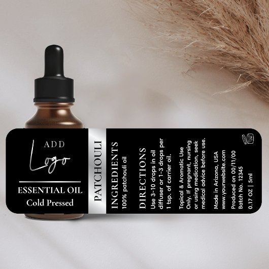 Zwarte Zilveren Logo Etherische Olie Fles Waterdic Labels