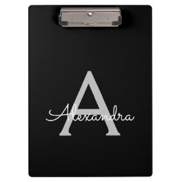 Zwarte Zilveren Moderne Script Meisjes Monogram Na Klembord