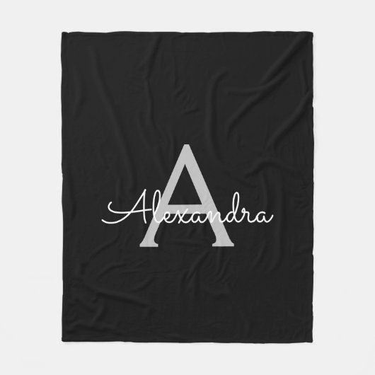 Zwarte Zilveren Moderne Script Meisjesnaam Monogra Fleece Deken (Voorkant)