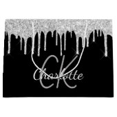 Zwarte zilveren monogram naam modern elegant groot cadeauzakje (Voorkant)