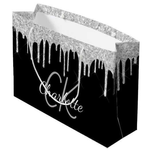 Zwarte zilveren monogram naam modern elegant groot cadeauzakje (Achterkant Gekanteld)