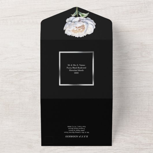 Zwarte zilveren pioenroos bloemen bloem bruiloft l all in one uitnodiging (Buitenkant)