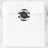 Zwarte Zilveren Roze Bloemige Monogram Ronde Sticker (Tas)
