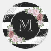 Zwarte Zilveren Roze Bloemige Monogram Ronde Sticker (Voorkant)