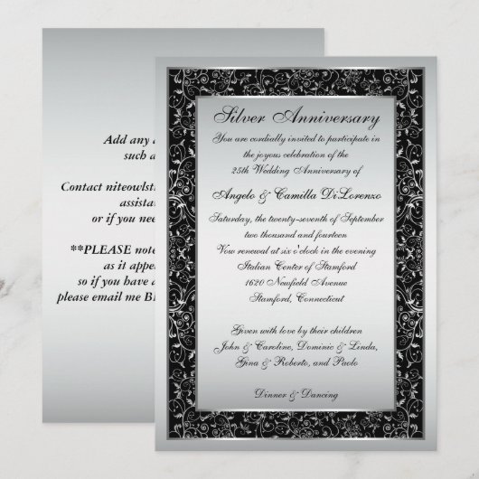 Zwarte Zilveren Sierlijke Rol 25-jarig Jubileum Ui Kaart (Voorkant / Achterkant)