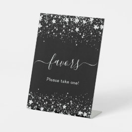 Zwarte zilveren sterren feest cadeautjes reclamebord met voetstuk
